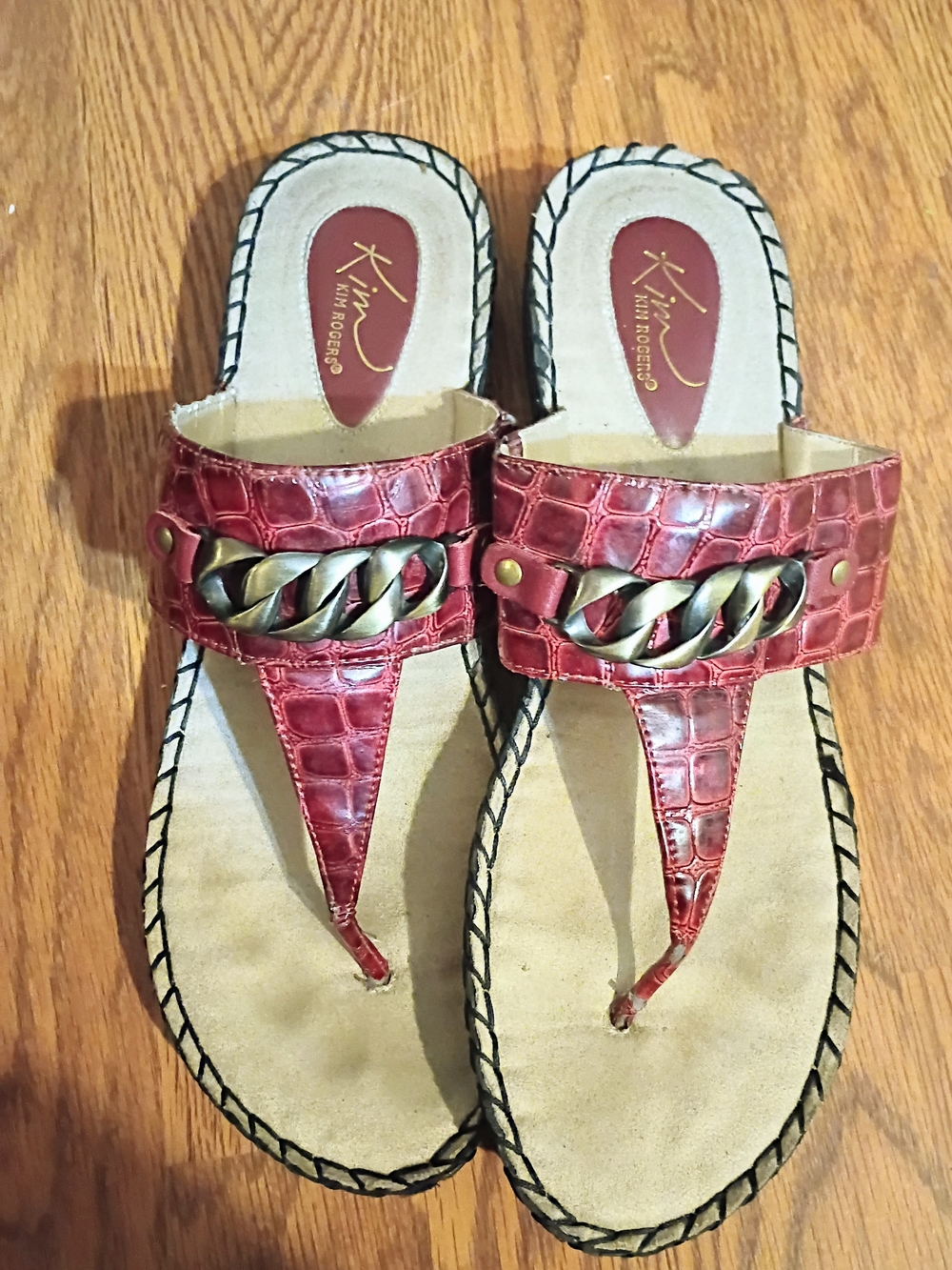 Kim Rogers Red Croc-Embossed Thong Sandals with Antiqued Chain